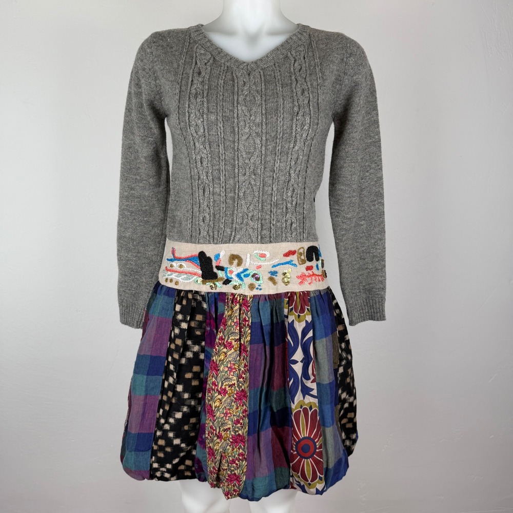 Desigual Grey Cable Knit Patchwork Bubble Mini Dress Embroidered Size 38